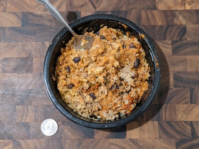 Top-down view of Real Good Foods Steak Burrito Bowl.