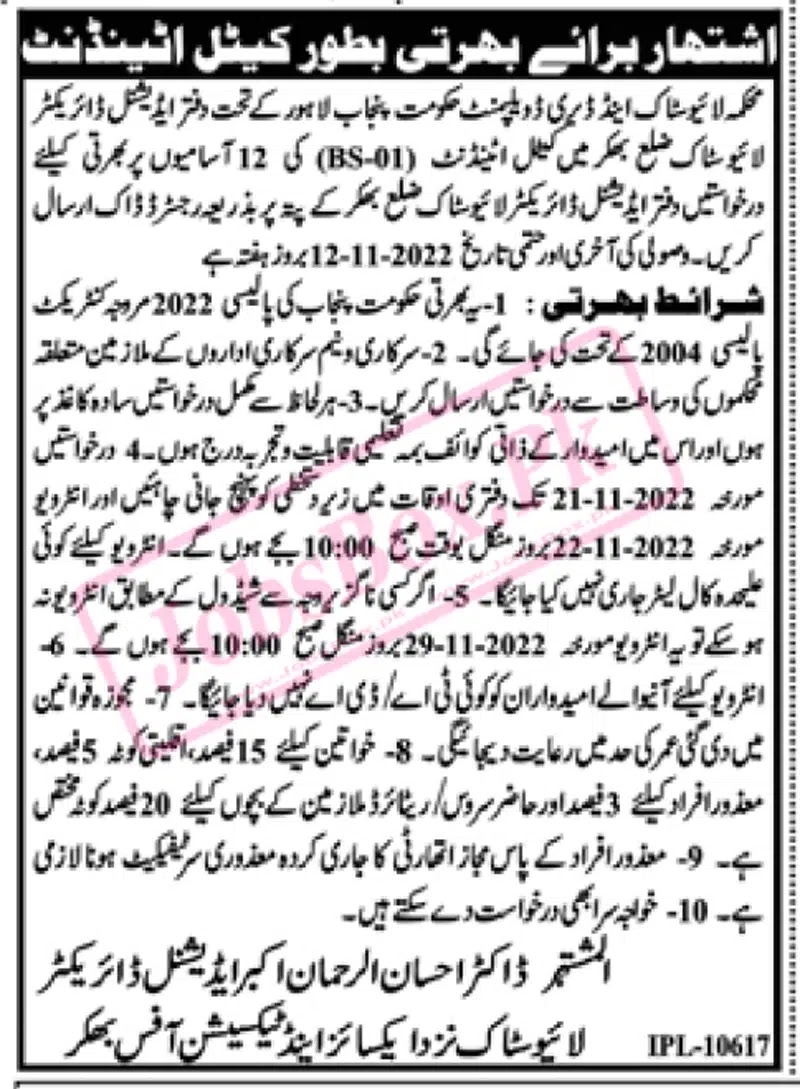 Livestock and Dairy Development Department Punjab Jobs 2022 Latest Advertisement