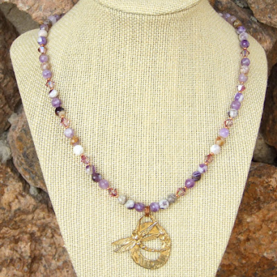 dragonfly necklace with chevron amethyst and swarovski crystals