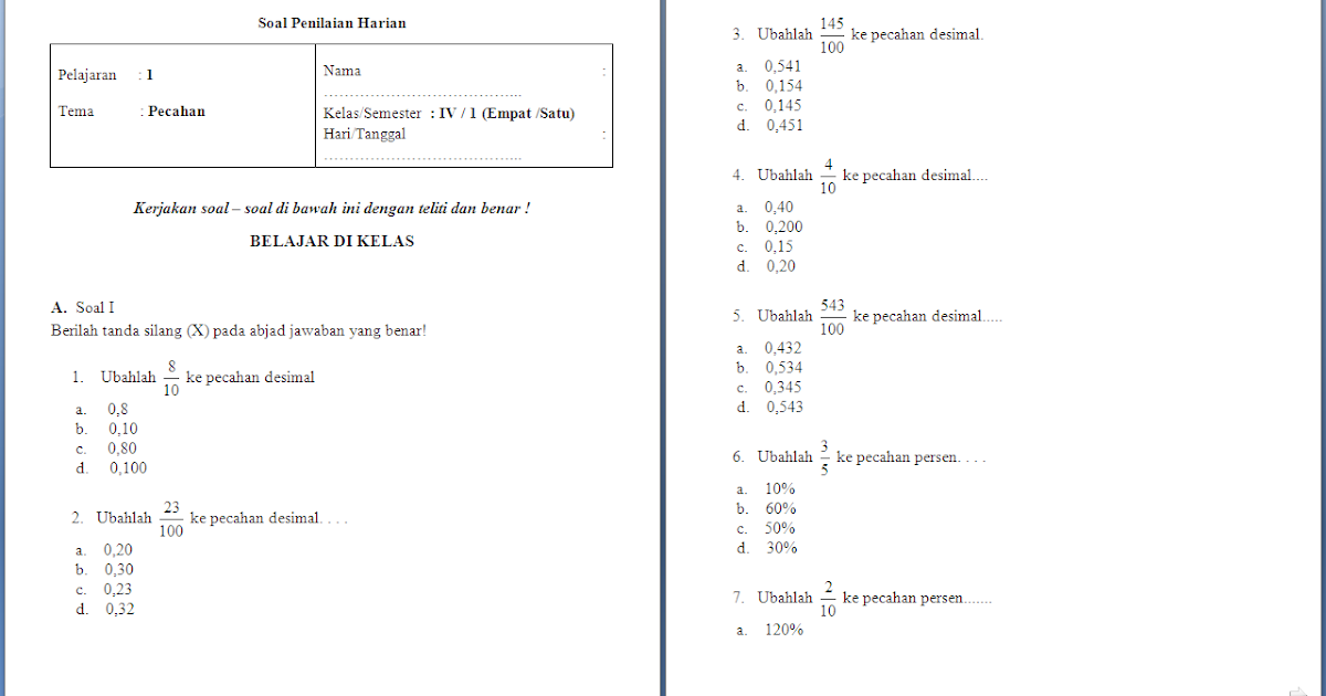 Soal Ulangan Harian Matematika Kelas 4 Sd Pecahan Antapedia Com