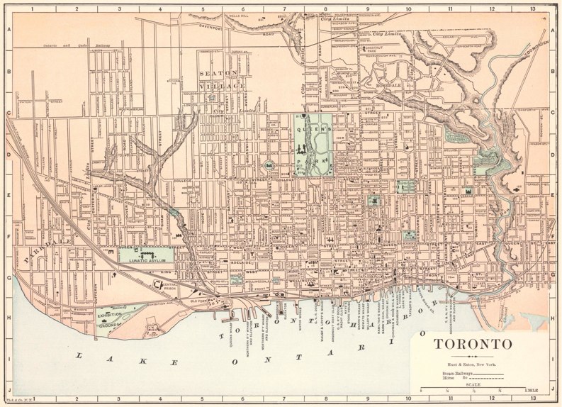 1893 street map of Toronto showing steam-driven railway lines and horse drawn transit routes, by Fisk and Co.