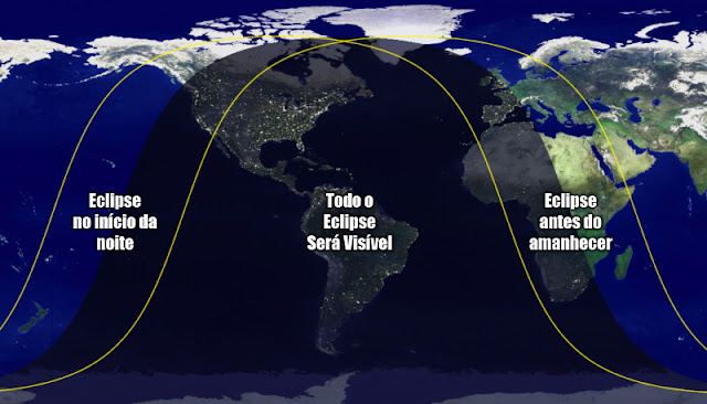 Mapa de visibilidade do Eclipse Lunar Total de 15-16 de Maio de 2022