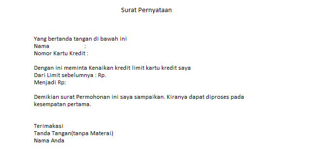 Contoh Surat Permohonan Kenaikan Limit Kartu Kredit Kartu Bank