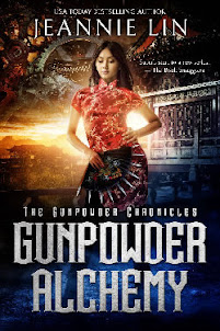 Book covers for Gunpowder Alchemy and Clockwork Samurai. Strong Asian women with imperial China and steampunk background.