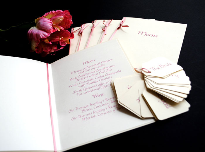  which was handwritten in dusky pink ink I made wedding menus 