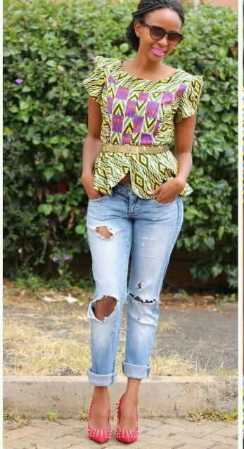 Ladies Ankara Tops For Jeans, ankara top styles with Jean shorts, ankara too with Jean trousers, perfect Ankara tops design for ladies, hot Ankara styles for jeans to match