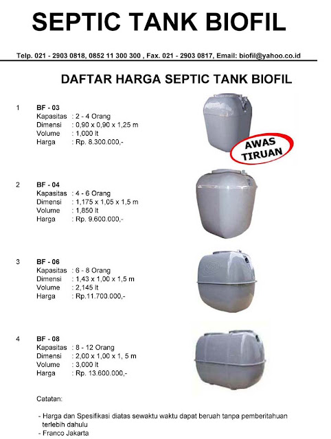 price list septic tank biofil, biotech, biogift, biofive, bioseven