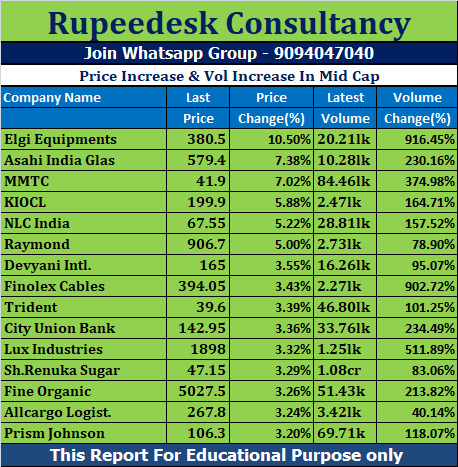 Price Increase & Vol Increase In Mid Cap