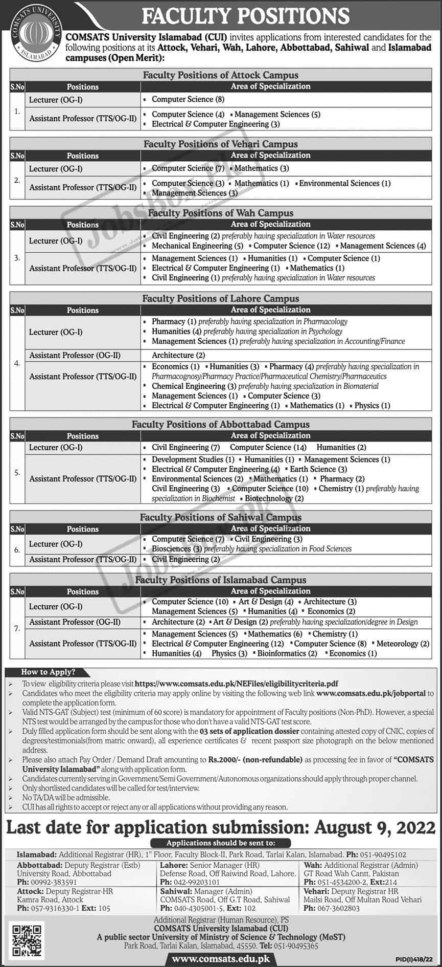 Comsats University Islamabad CUI jobs 2022 Application Form
