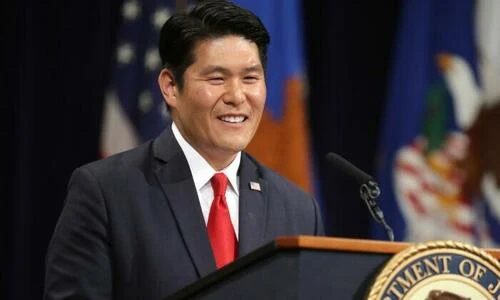 Then-U.S. Attorney for the District of Maryland Robert Hur delivers remarks during Deputy Attorney General Rod Rosenstein's farewell ceremony at the Robert F. Kennedy Main Justice Building in Washington on May 9, 2019. Hur was appointment special counsel to investigate President Joe Biden's handling of classified records on Jan. 12.