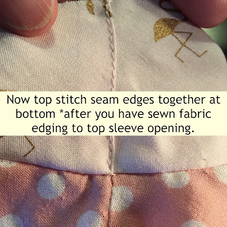 Instructions on how to top stitch seam on flamingo fabric at armhole seam.