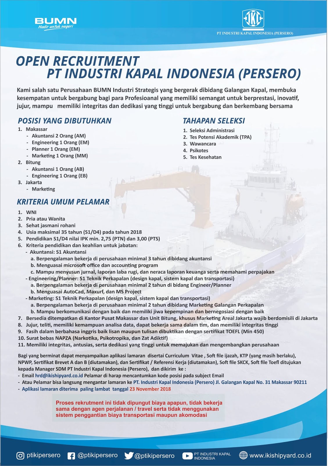 Loker BUMN Terbaru November 2019 PT Industri Kapal Indonesia