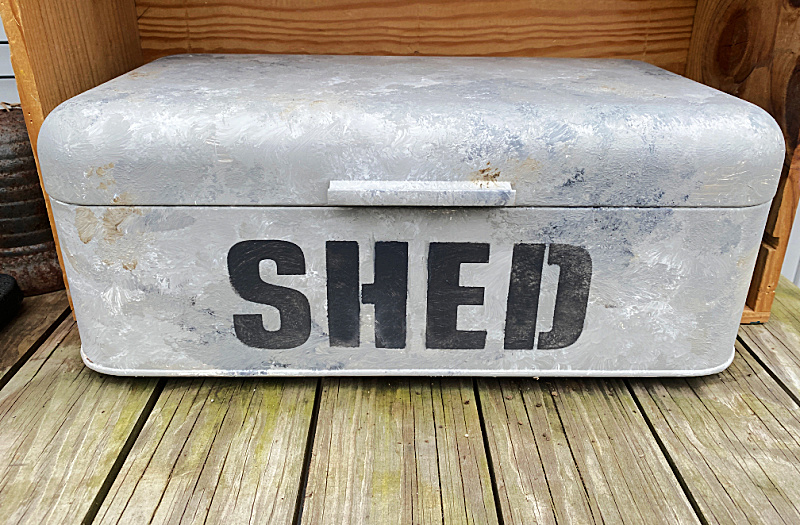 galvanized look bread box with SHED stencil