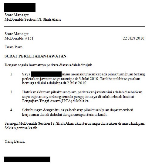 Contoh Surat Rasmi Perletakan Jawatan Kerja - Rasmi Re