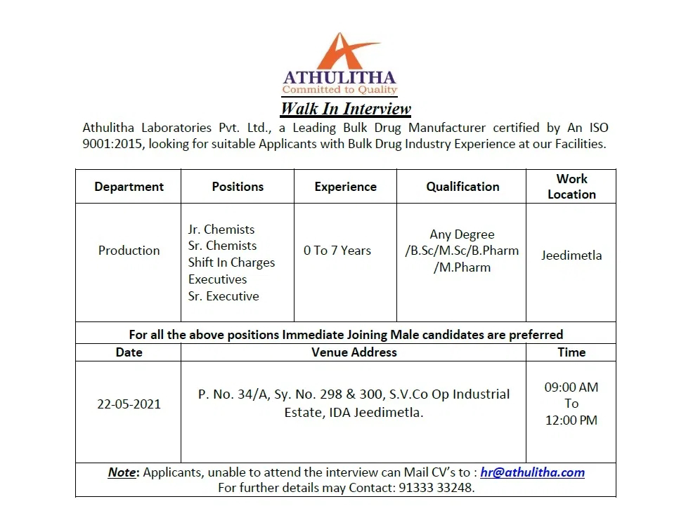 Job Availables, Athulitha Laboratories Pvt Ltd Interview For Freshers & Experienced Msc/ Bsc/ M.Pharma/ B.Pharma/ Any Drgee - Production Dept