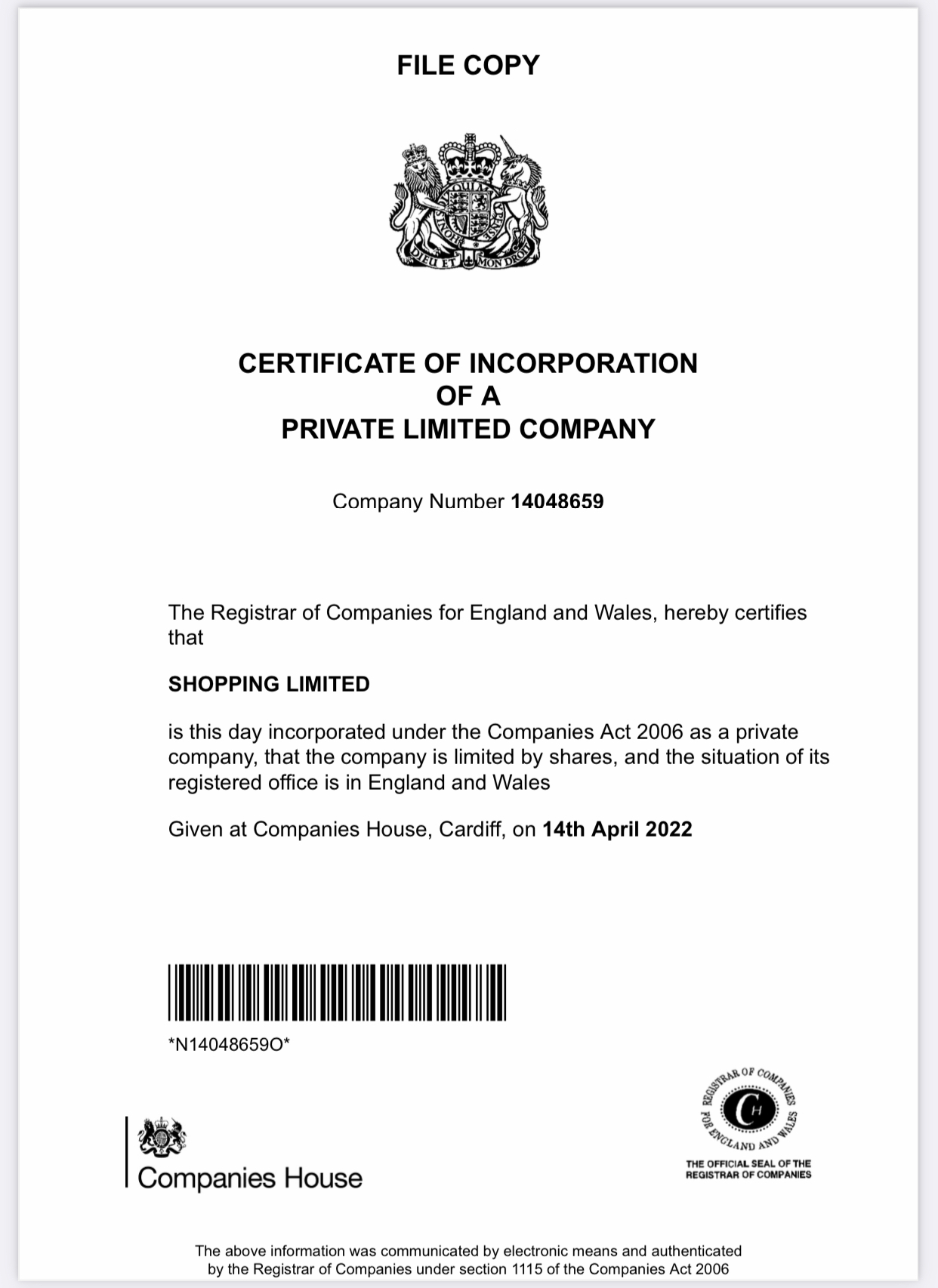 SHOPPING LIMITED COMPANY CERTIFICATE