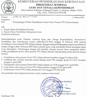 Sesuai dengan surat edaran terbaru Dirjen GTK tanggal  Surat Edaran Perpanjangan Waktu Pendaftaran PPG Dalam Jabatan