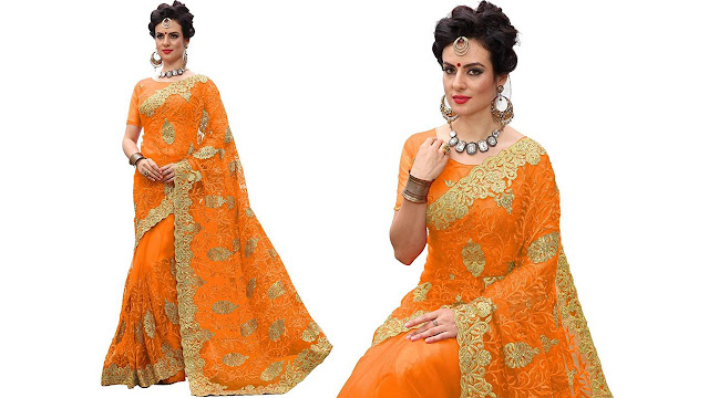 Pragati Fashion Hub Embroidered Fashion Net Saree  (Orange)