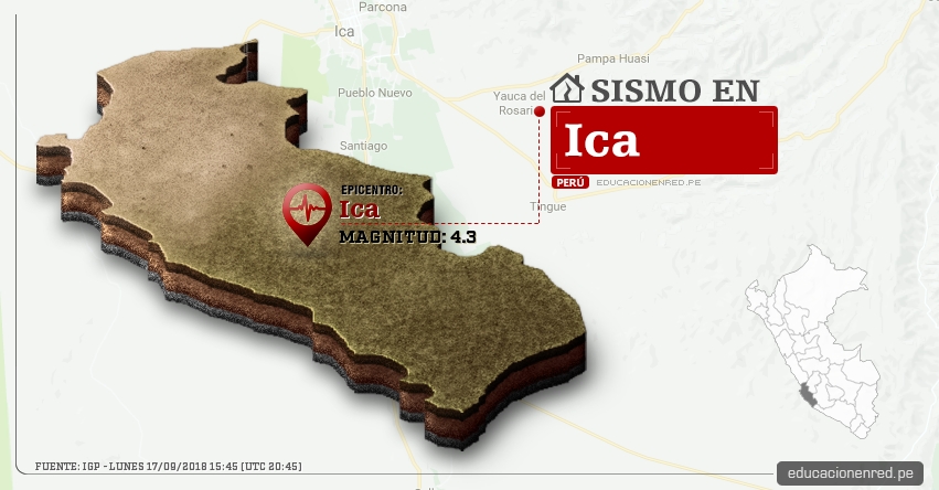 Temblor en Ica de Magnitud 4.3 (Hoy Lunes 17 Septiembre 2018) Sismo - Epicentro - Ica - Ica - IGP - www.igp.gob.pe