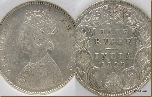 India 1/2 Rupee British Colonial Silver Coin. 1899-B UNC. Queen Victoria