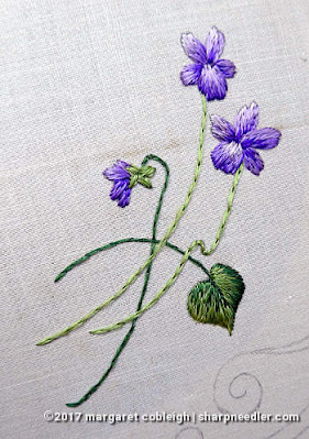 Society Silk Violets: one of the violets from an antique stamped embroidery