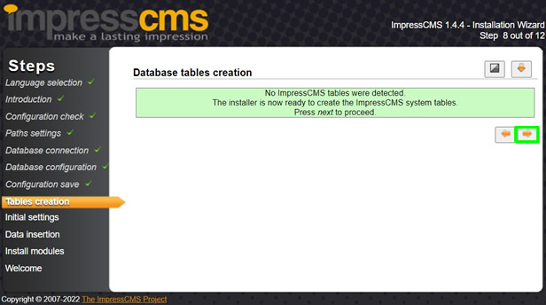 impresscms installation database tables creation
