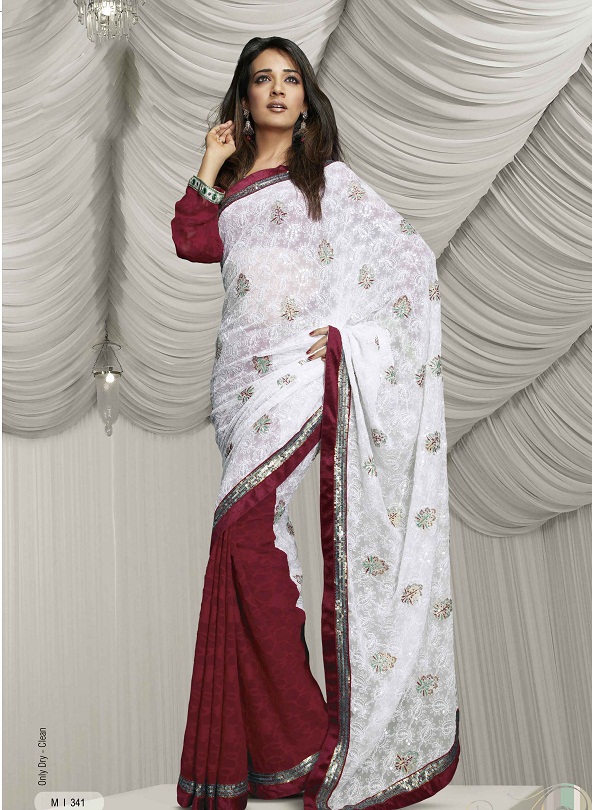 white saree maroon blouse