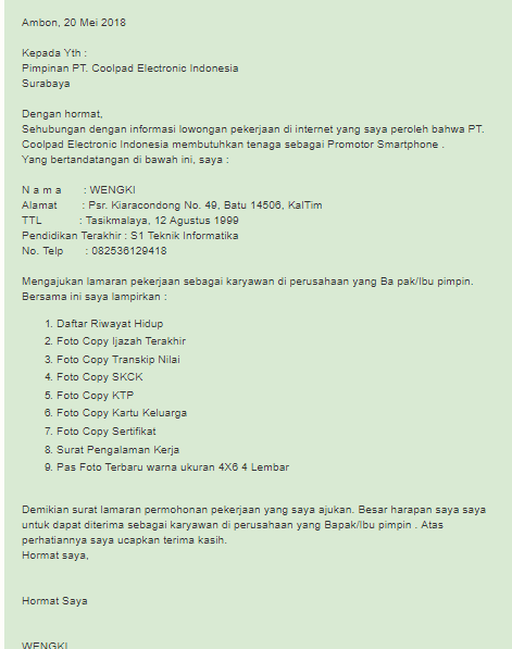 40 Contoh Surat Lamaran Kerja Yang Baik Dan Benar Lengkap Doc Contoh Surat Lamaran Kerja