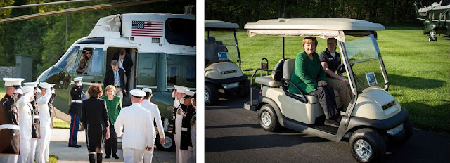 Angela Merkel getting off helicopter and riding golf cart - Camp David