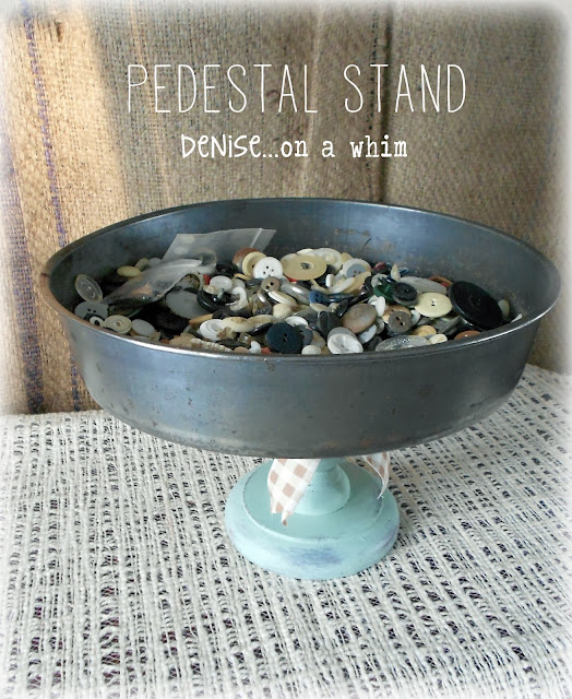 Pedestal Stand from a Cake Pan and Candlestick via http://deniseonawhim.blogspot.com