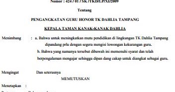 Contoh Surat Keputusan (SK) Pengangkatan Guru Honorer 