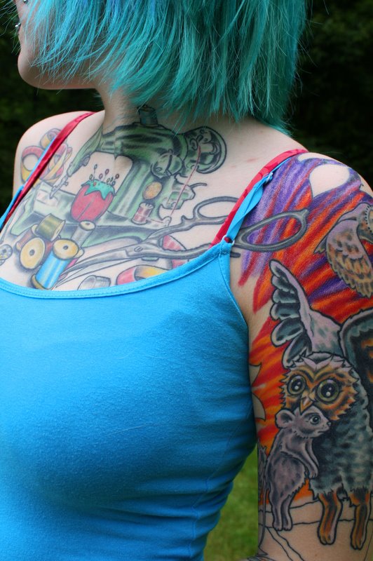 The Dainty Squid has this amazing Sewing Machine Chest Piece and Owl Sleeve