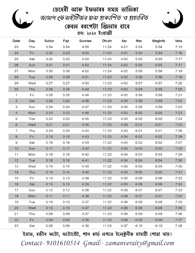 চেহেৰী আৰু ইফতাৰৰ সময় তালিকা