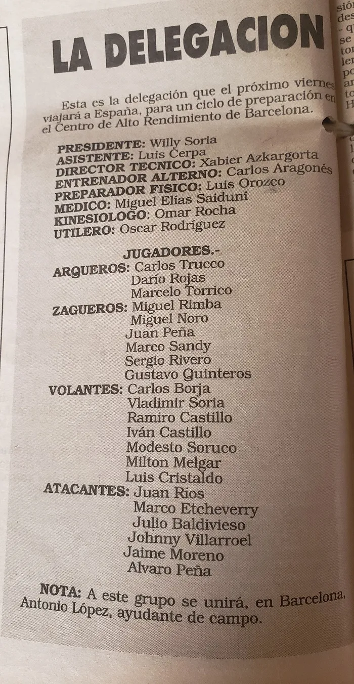 La nomina de la delegación de la Selección Boliviana que fue al Centro de Alto Rendimiento en Barcelona
