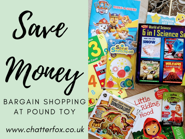 Image title reads 'save money bargain shopping at pound toy www.chatterfox.co.uk image to the right shows a collection of cheap fun and educational toys and books available from pound toy