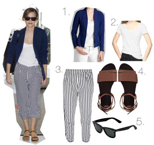 emma watson, striped pants, harem, leather sandals, navy blazer, raybans, plain white tee, tshirt, outfit, inspiration