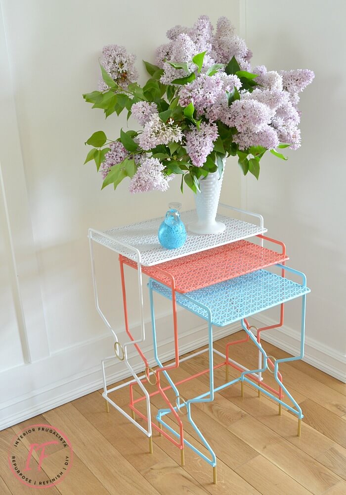 How to quickly and easily refresh vintage wrought iron mesh nesting tables in bright bold retro colors reminiscent of 1950s coastal outdoor furniture.