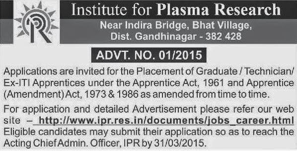 Institute for Plasma Research Recruitment for Various Posts 2015