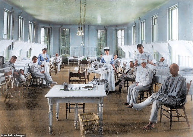 Illustrazioni fotografiche di come l'influenza spagnola è stata combattuta 100 anni fa