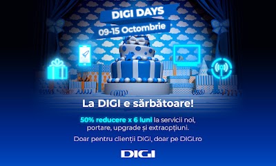 50% reducere timp de 6 luni la orice nou serviciu Digi (sau la upgrade), prin noua ediție Digi Days (doar pentru clienții existenți)