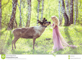 Girl in fairy dress and reindeer in the forest