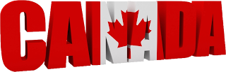 The word Canada in its national colors with a maple leaf in the center