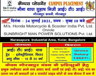 ITI Jobs Campus Placement  For Honda Motorcycle & Scooter India Pvt. Ltd At Neena Thapa Suhash Private ITI, Gorakhpur, Uttar Pradesh
