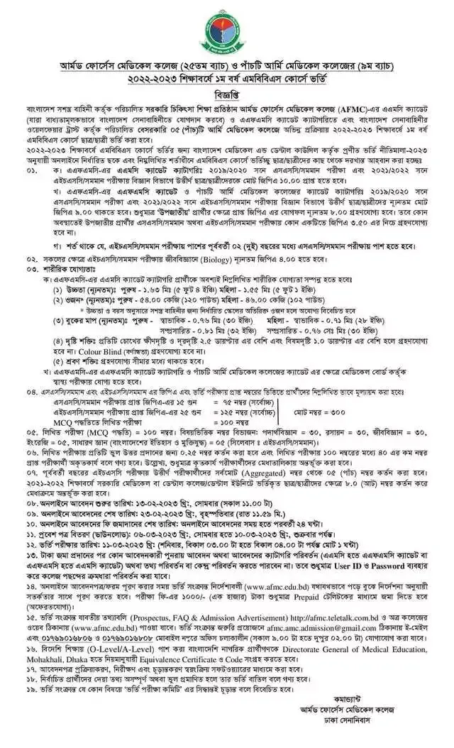 Armed Forces Medical College Admission Circular