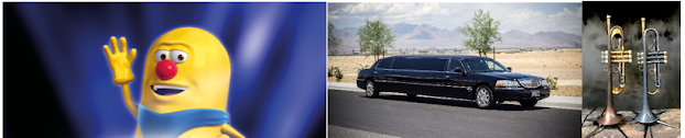 image of Mr Chips from CATCHPHRASE, a LIMOusine, and a pair of TRUMPETS