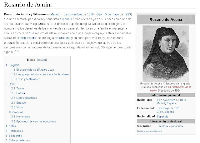 Imagen del artículo dedicado a Rosario de Acuña en la Wikipedia (captura de imagen, 25-10-2015)