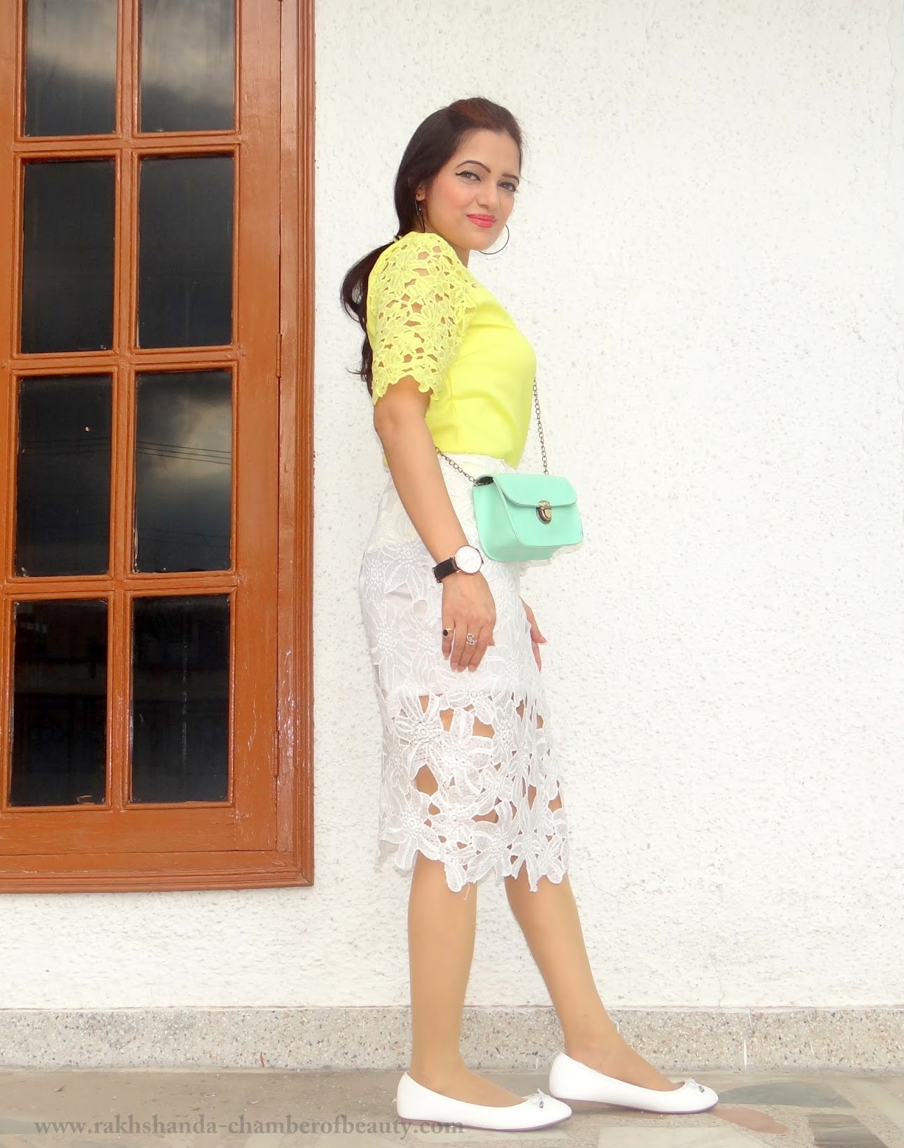 Lace on Lace-OOTD | How to style a lace top, Lace top from cndirect.com, summer fashion trends 2015, yellow lace top, Indian fashion blogger, Chamber of Beauty