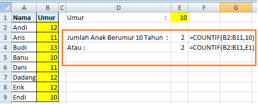 Fungsi COUNTIF Menghitung Banyaknya Usia Tertentu