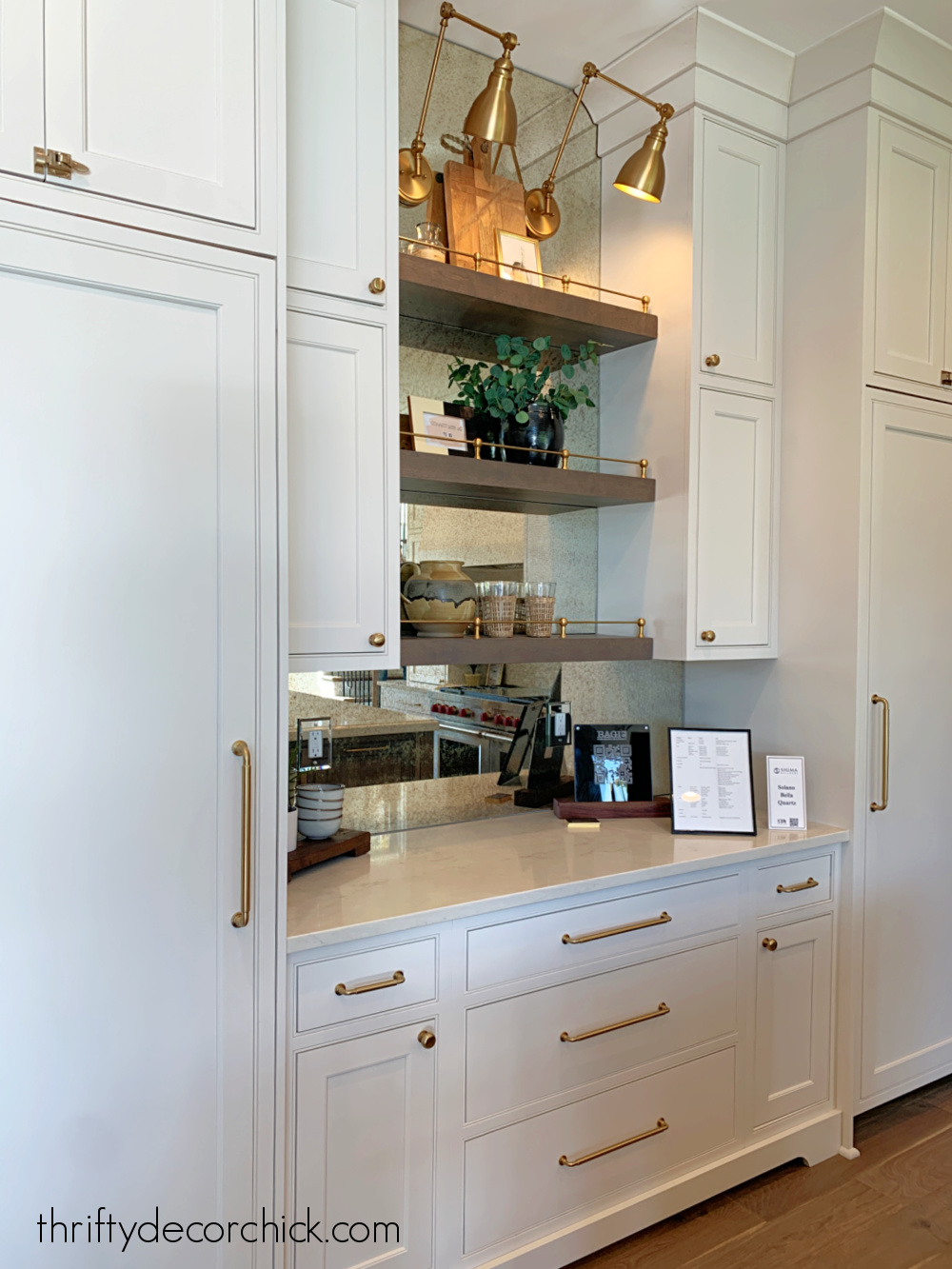 wood shelves between cabinets