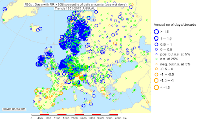 Carte présentant l'évolution du nombre de jours de pluies extrêmes en Europe ces 50 dernières années.